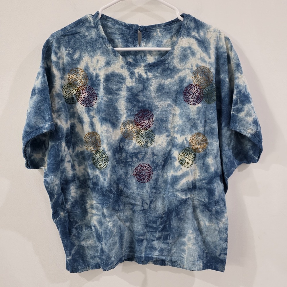 Womens Embroidered Tie Dye Top Size‎ Large Blue Colorful Boho Indie